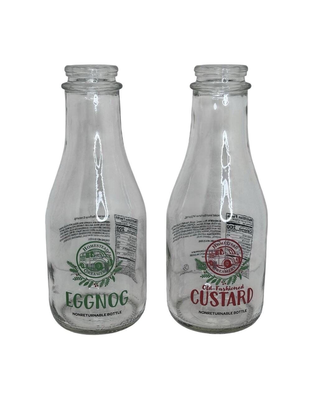 Two Homestead Creamery Glass 32 Oz Bottles - Christmas Theme Custard Eggnog